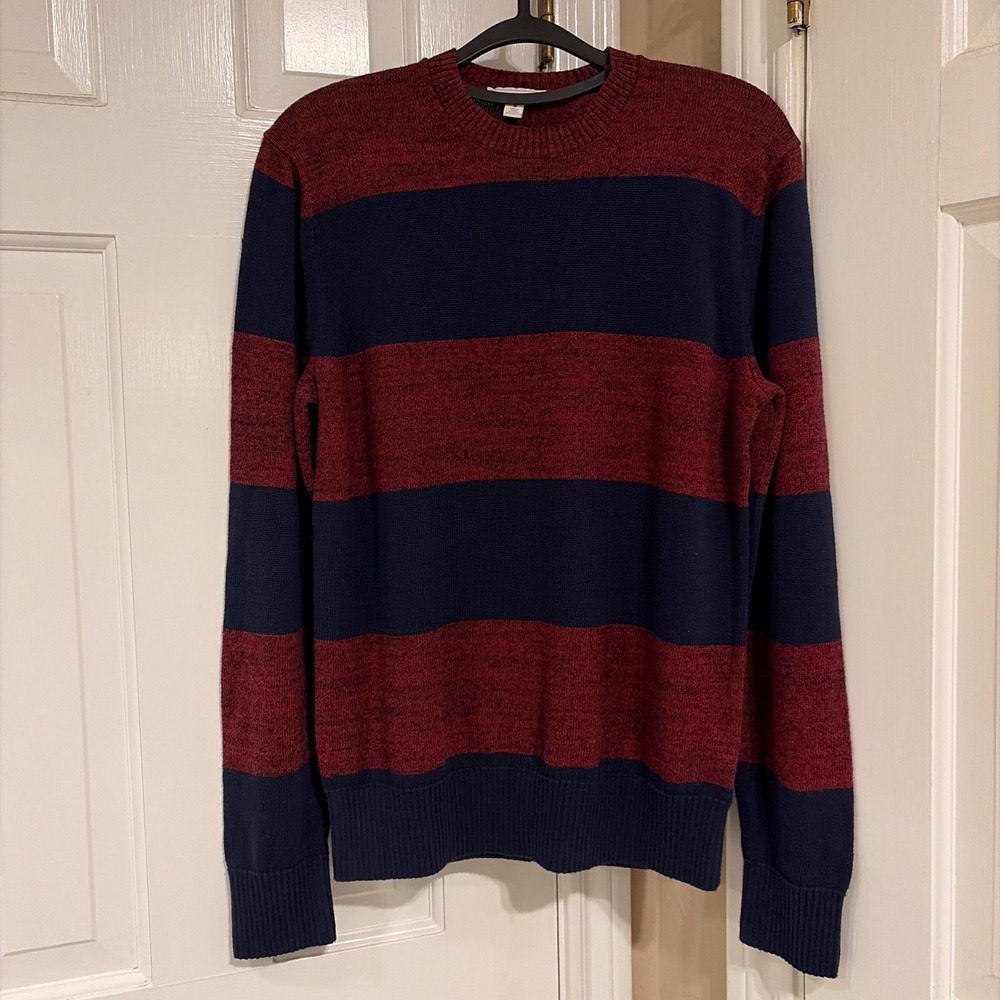 Gap Mens Striped Crewneck Sweater Burgundy Navy Blue M 100% Cotton